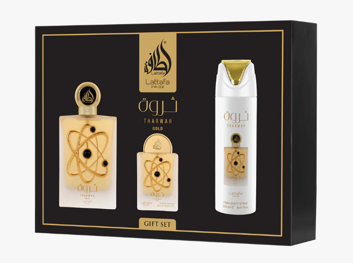 Profumo Arabo Lattafa Pride Tharwah Gold - Set Regalo (EDP 100ml + EDP 20ml + Deodorante 200ml) Unisex