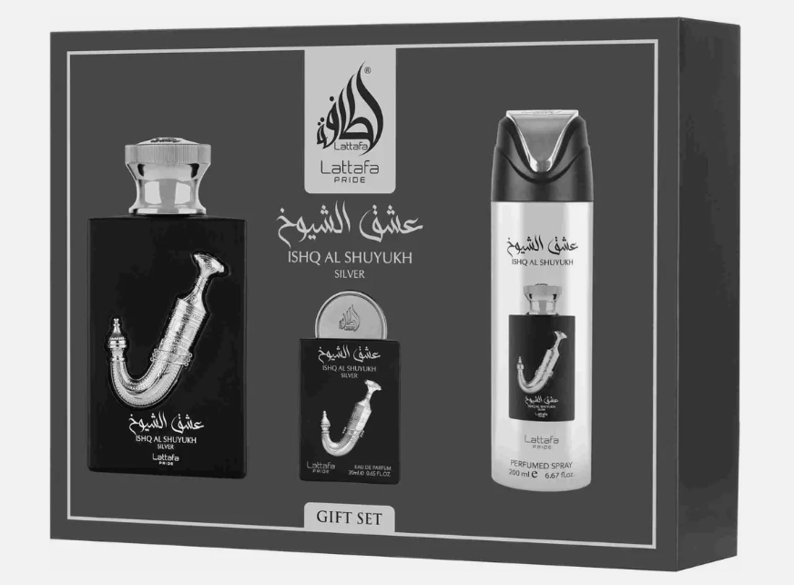 Profumo Arabo Lattafa Pride Ishq Al Shuyukh Silver - Set Regalo di Profumi di Lusso per Uomo
