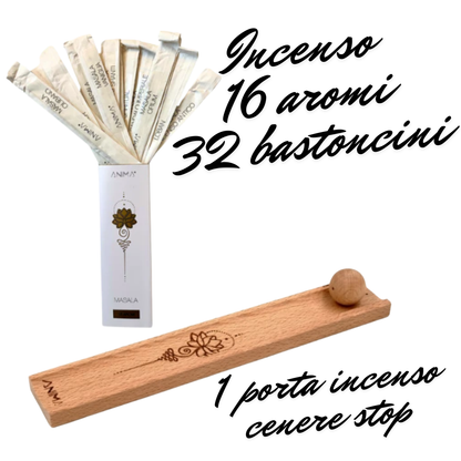 KIT INCENSO ANIMA MASALA 16 AROMI 32 BASTONCINI + PORTA INCENSO IN LEGNO CENERE STOP MADE IN ITALY