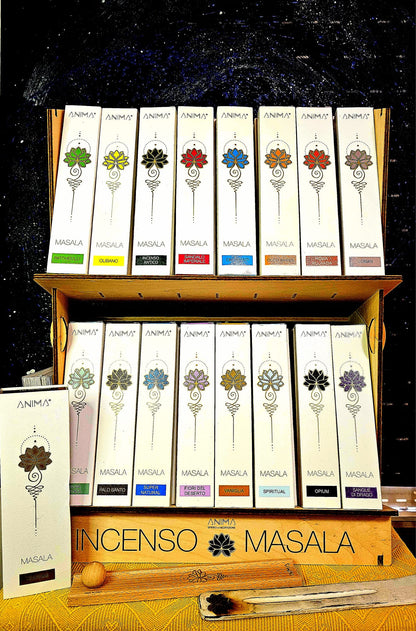 KIT INCENSO ANIMA MASALA 16 AROMI 32 BASTONCINI + PORTA INCENSO IN LEGNO CENERE STOP MADE IN ITALY