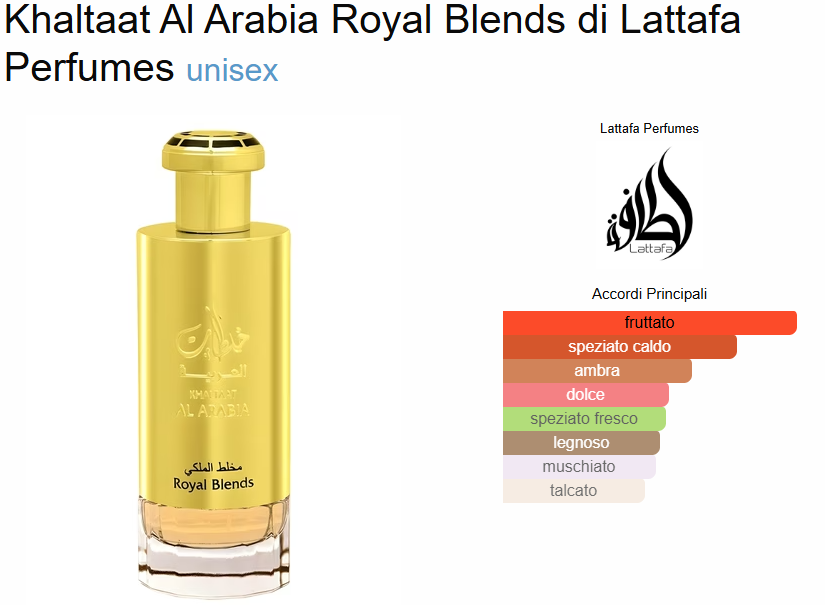 Profumo Arabo Lattafa Khaltaat Al Arabia Royal Blends Eau de Parfum unisex 100 ml