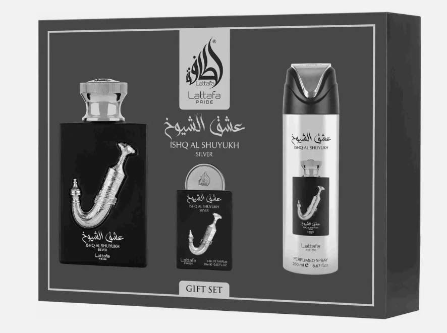 Profumo Arabo Lattafa Pride Ishq Al Shuyukh Silver Cofanetto set (3 pezzi)