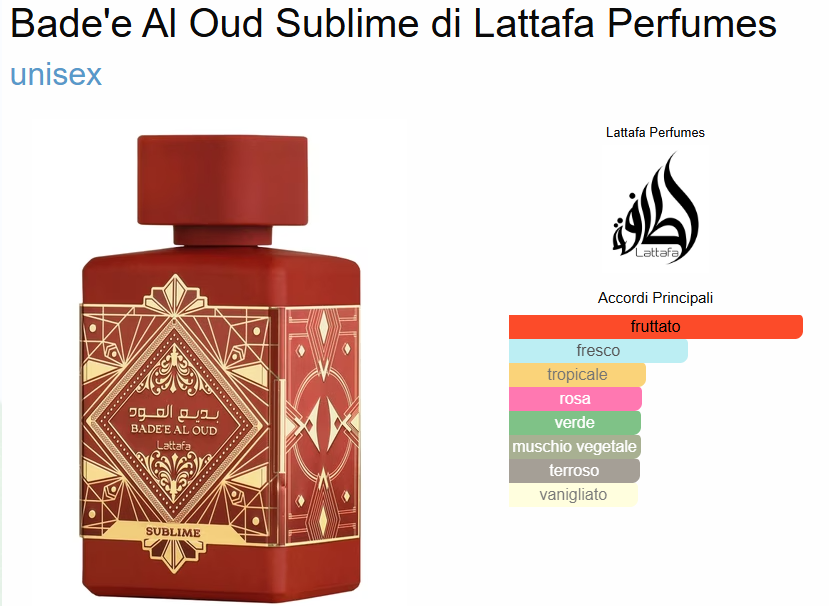 Profumo Arabo Lattafa Badee Al Oud Sublime Eau de Parfum unisex 100 ml